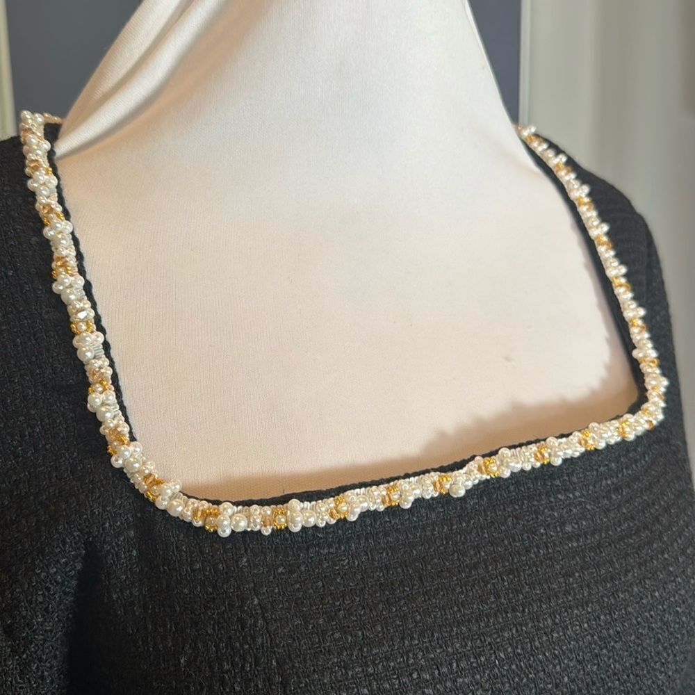 Women’s Short Black Dress Square Neck Faux Pearl-Like Trim **Tag L fits like M - Picture 3 of 16